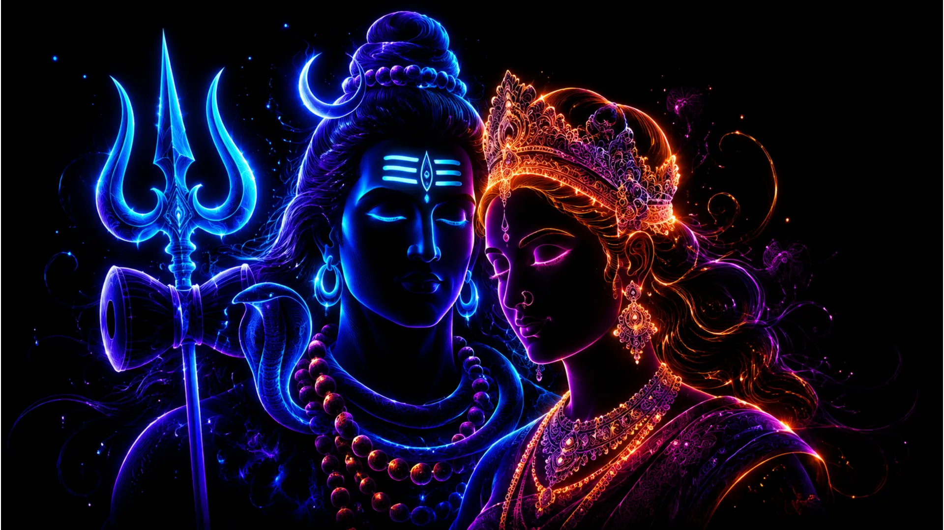 Creative neon style shiv parvati image download with vibrant colorful glowing energy lines.