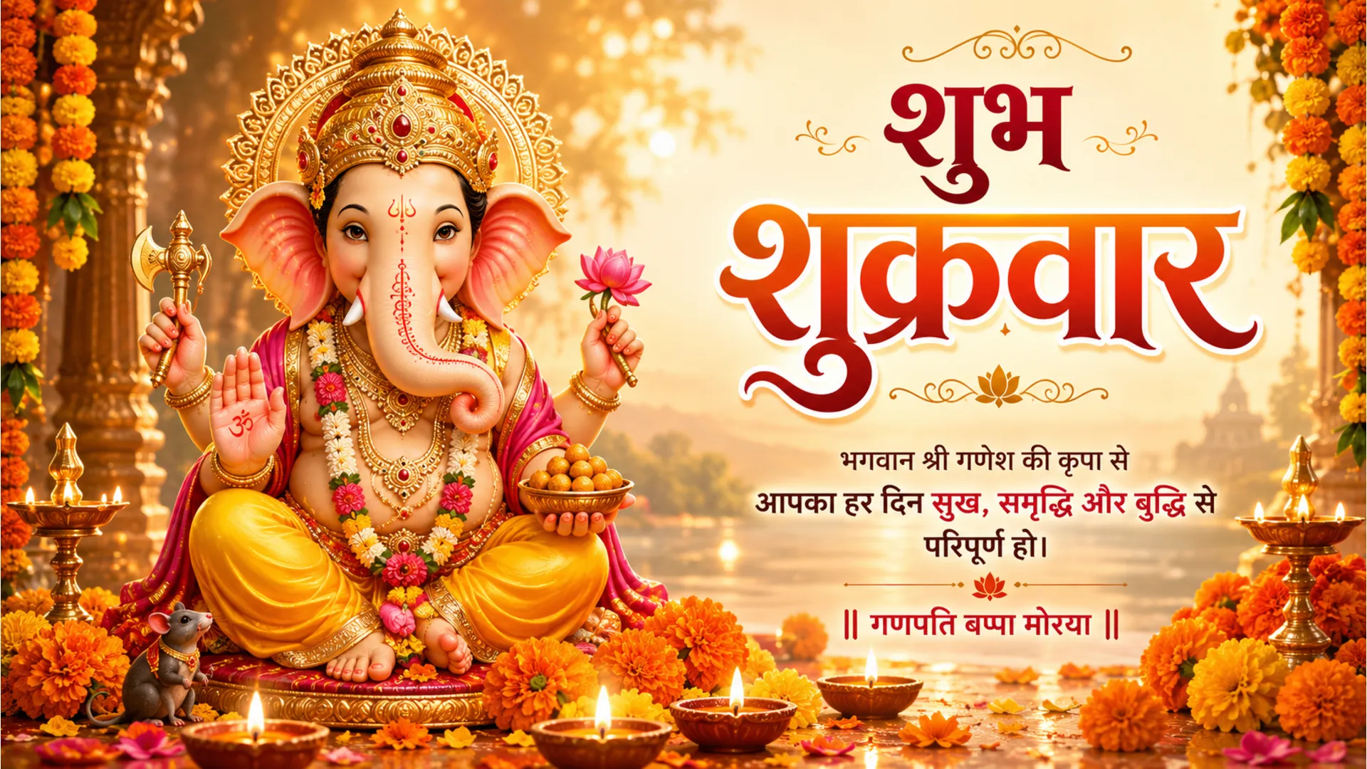 Lord Ganesha with marigold flowers and diyas Shubh Shukrawar Hindi quote