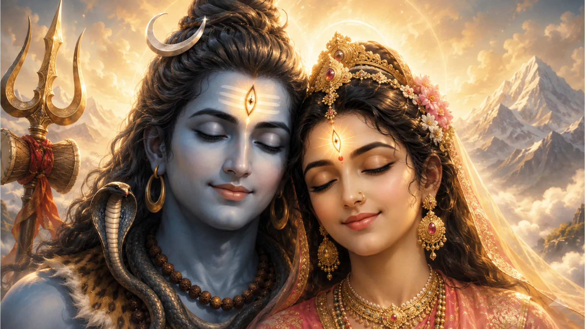 Close up portrait painting of Shiva and Parvati meditating with gentle smiles and compassionate expressions.