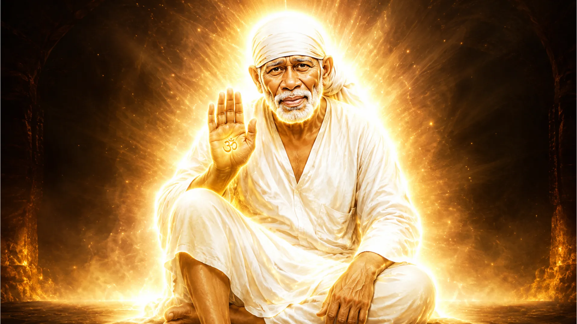 Abstract spiritual portrait of Shirdi Sai Baba surrounded by a bright glowing divine aura.