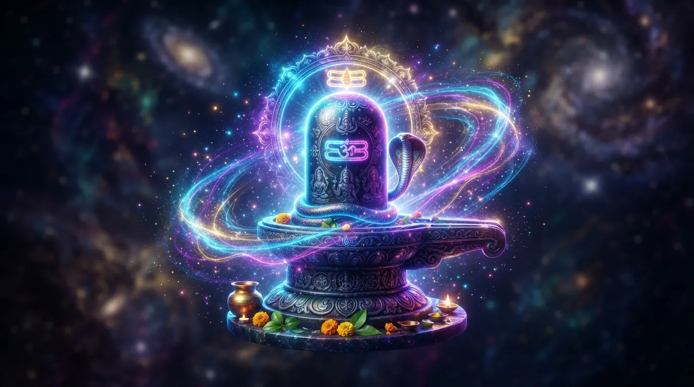 A modern neon style digital art illustration of Lord Shiva's Shivling glowing with cosmic energy.