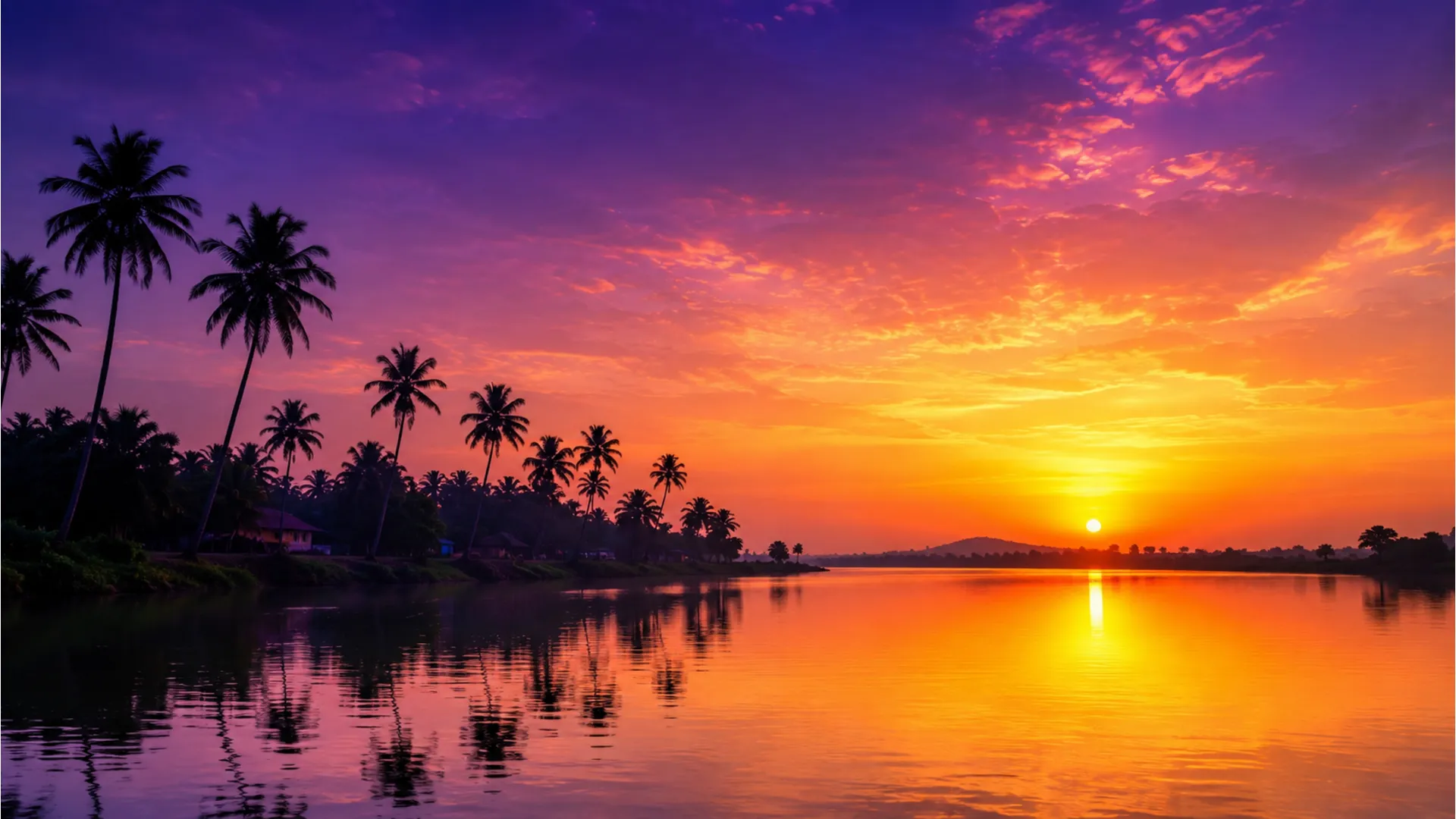 Scenic river sunrise with coconut trees good morning Telugu visual