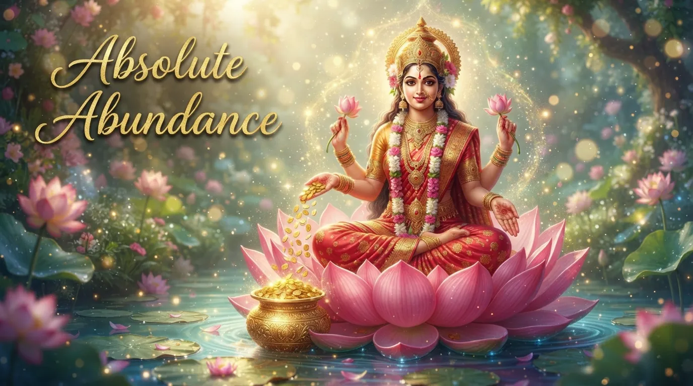 Goddess Lakshmi sitting on a pink lotus flower holding gold coins.