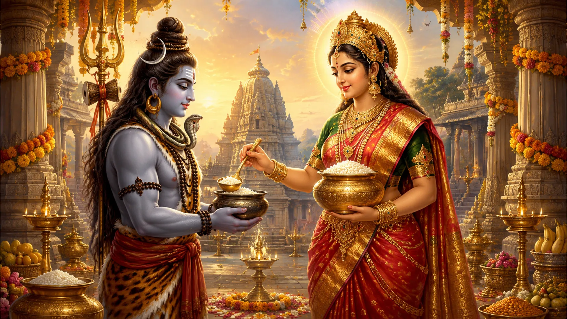 Goddess Annapurna offering sacred nourishment to Lord Shiva holding his begging bowl