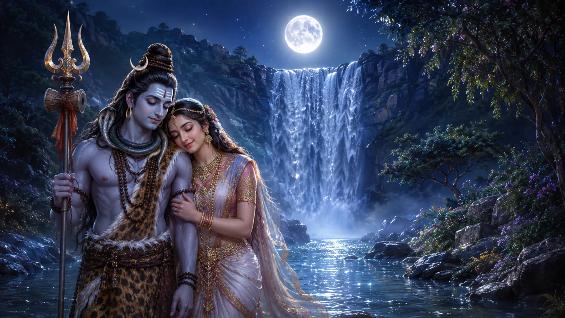 Goddess Parvati gently leaning her head on Lord Shiva's shoulder by a moonlit waterfall