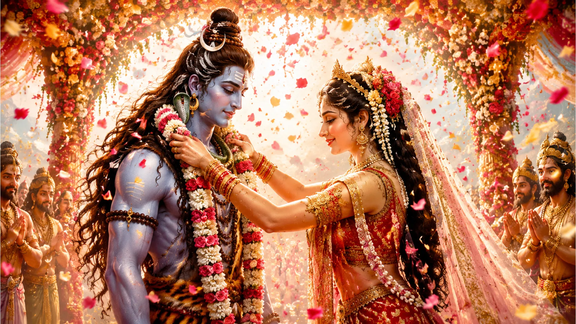 Devtas showering flowers during Shiva Parvati Varmala ceremony.