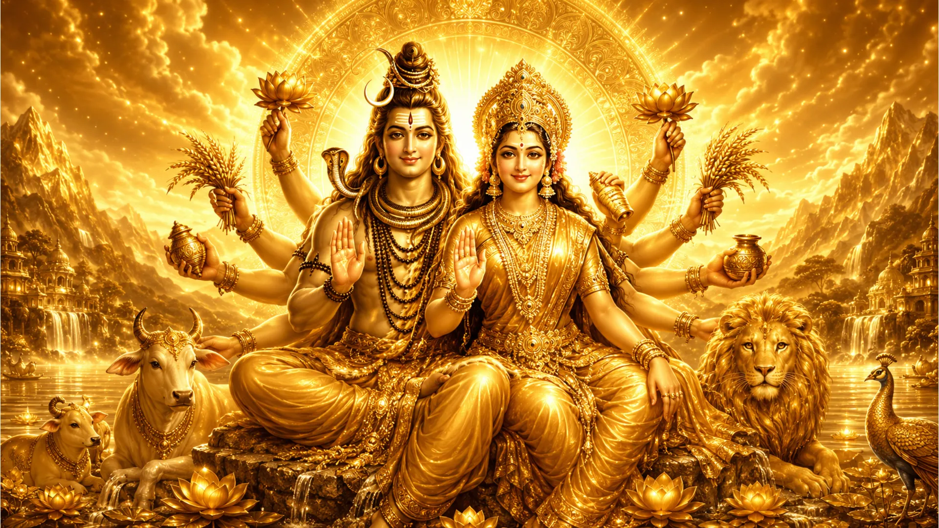 Golden-themed digital illustration of multi-armed Shiva and Parvati symbolizing peace and universal prosperity.