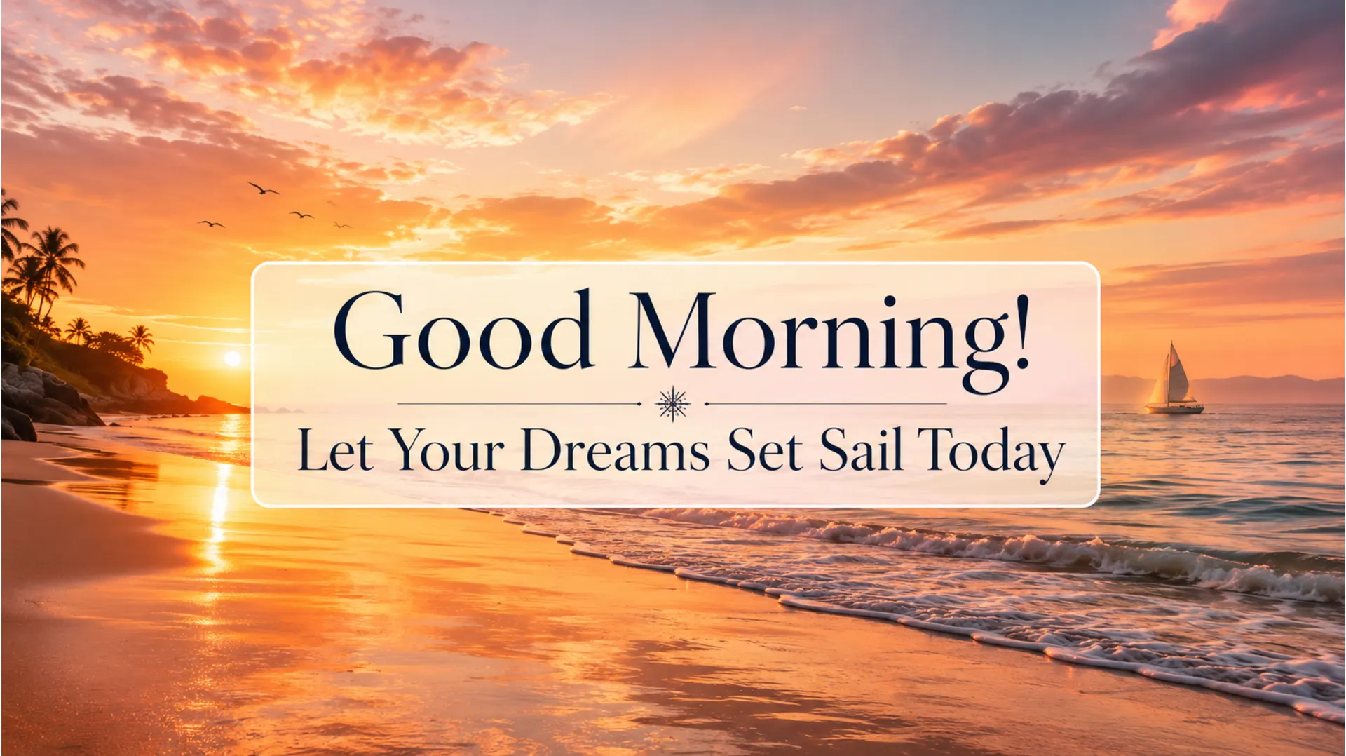Calm ocean waves at sunrise with English good morning text 2022.
