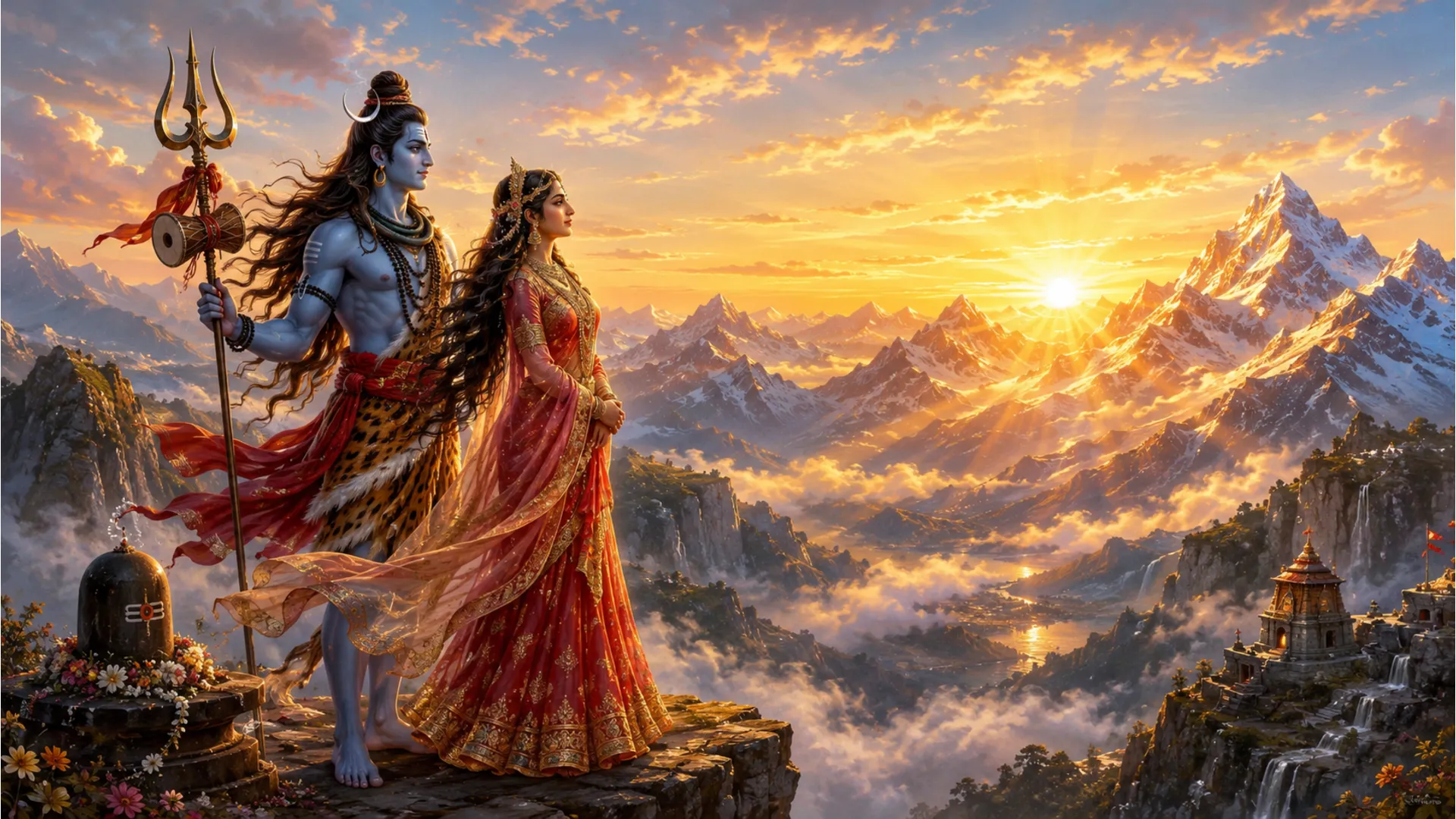Shiva and Parvati standing on a cliff welcoming the first rays of dawn in the mountains.