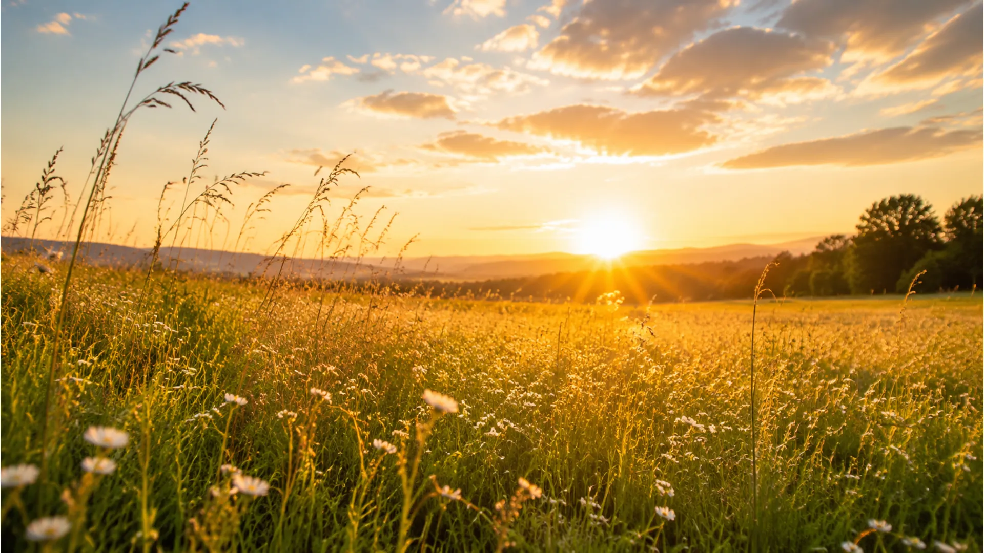 Golden hour meadow field with sunlight for good morning happy sunday post