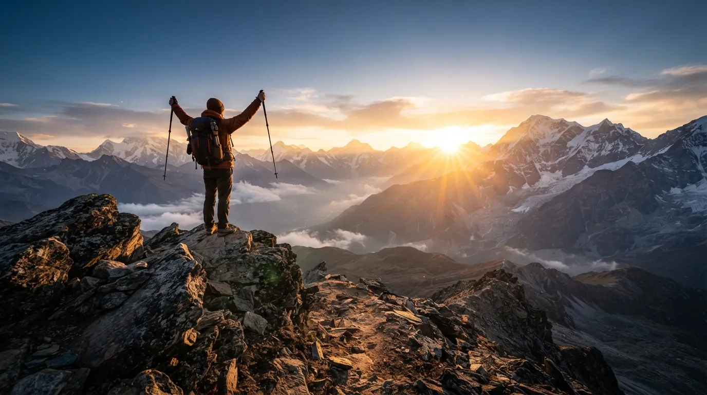 A stunning mountain sunrise with golden light and an inspiring Hindi motivational quote about success.