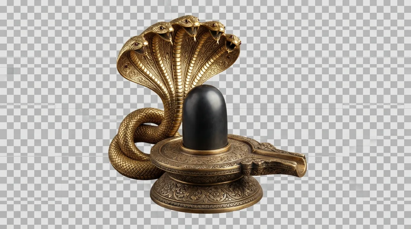 Antique golden Shivling images HD PNG with a five-headed brass snake hood.