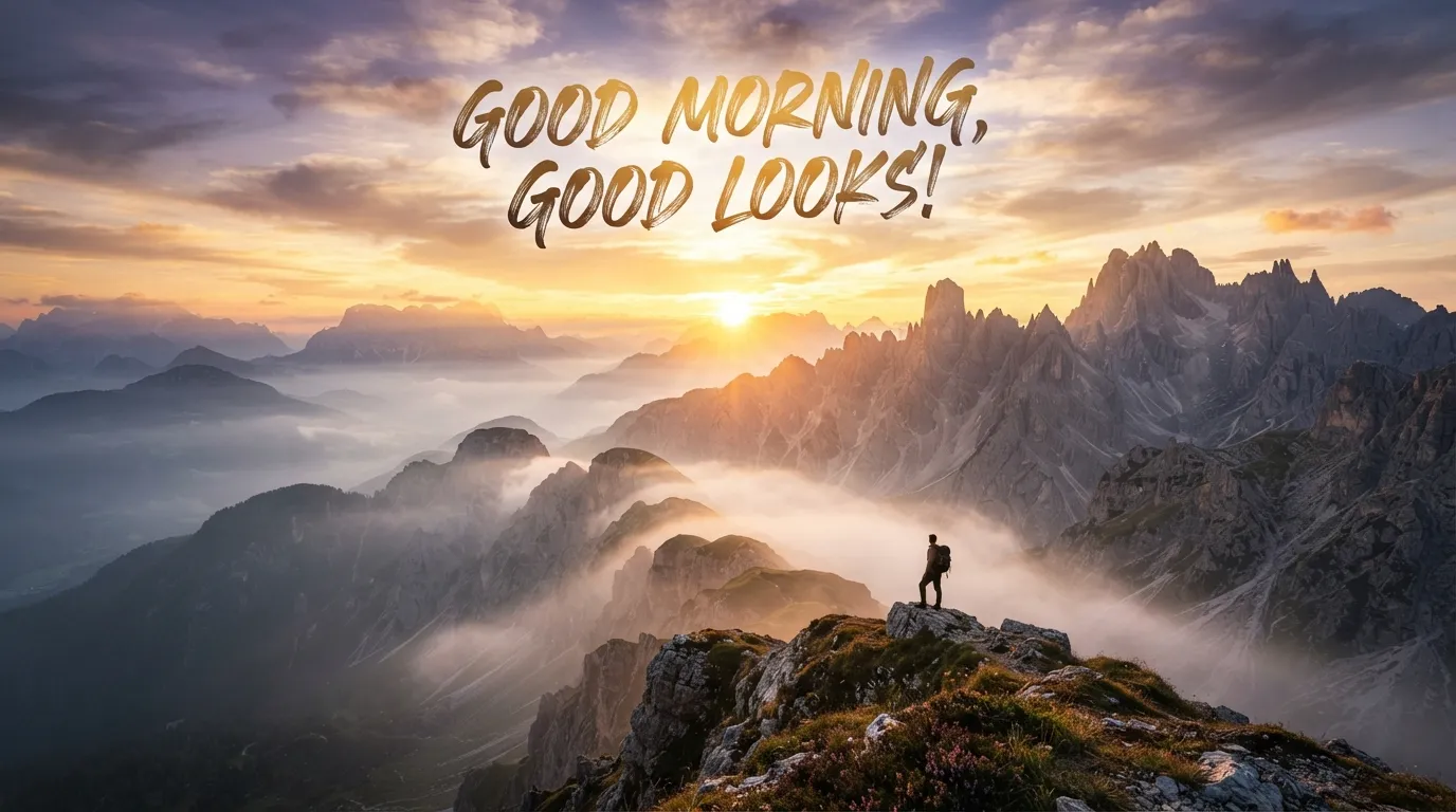 Sun rising over misty mountains with motivational good morning quote.