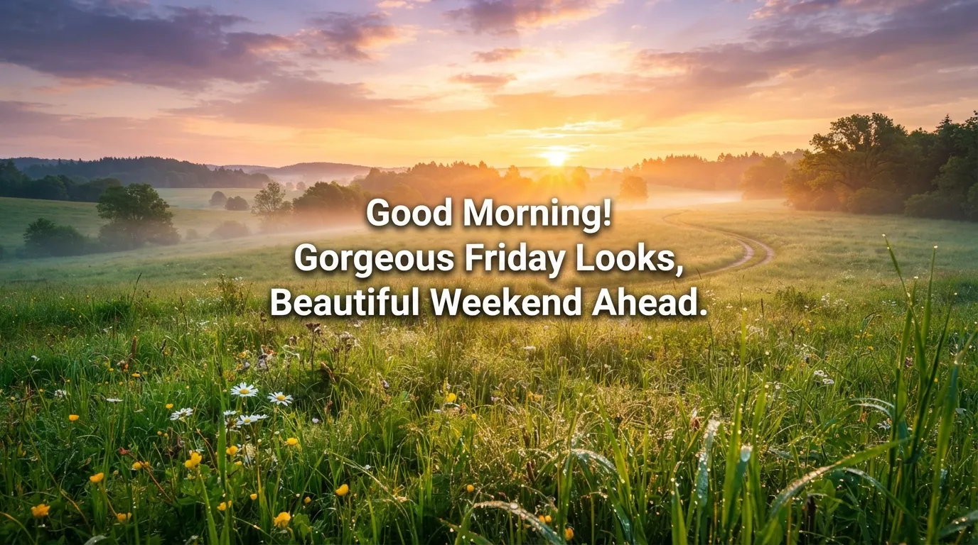 Golden sun rising over a green field with motivational Friday morning text.