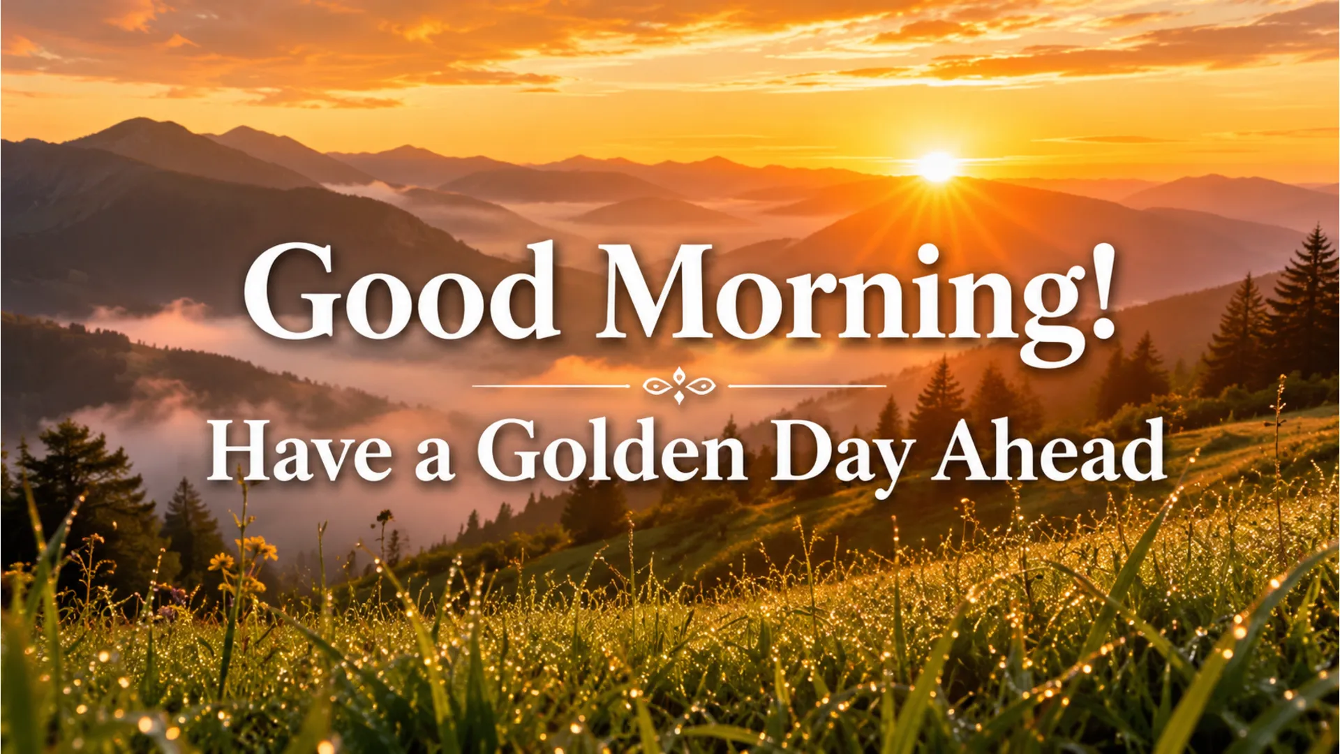 A beautiful golden sunrise over a misty valley with good morning text.