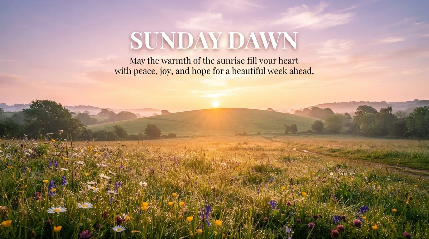 A breathtaking golden sunrise over a lush green meadow on a Sunday morning.