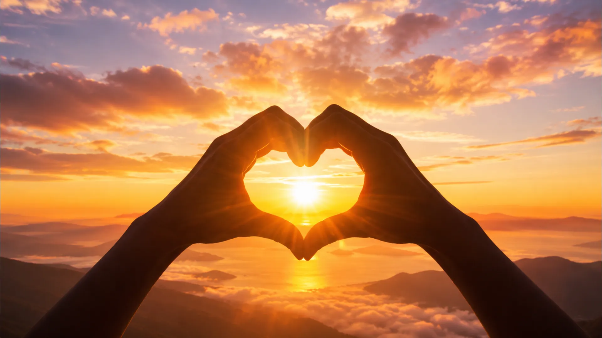 Two hands forming a heart shape against a golden sunrise sky with warm cloud reflections.