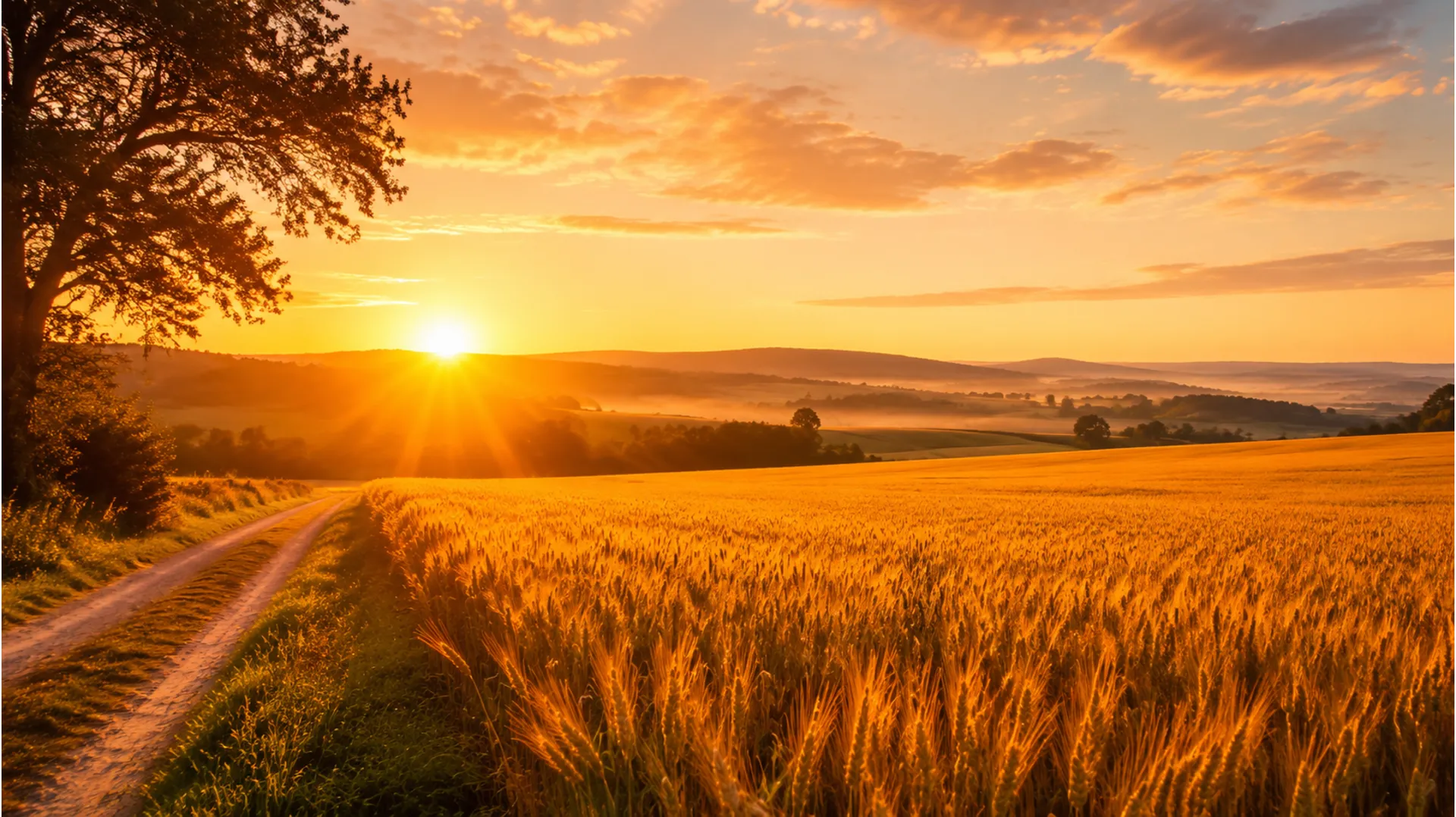 Beautiful morning picture of a golden wheat field glowing under the early morning sun.
