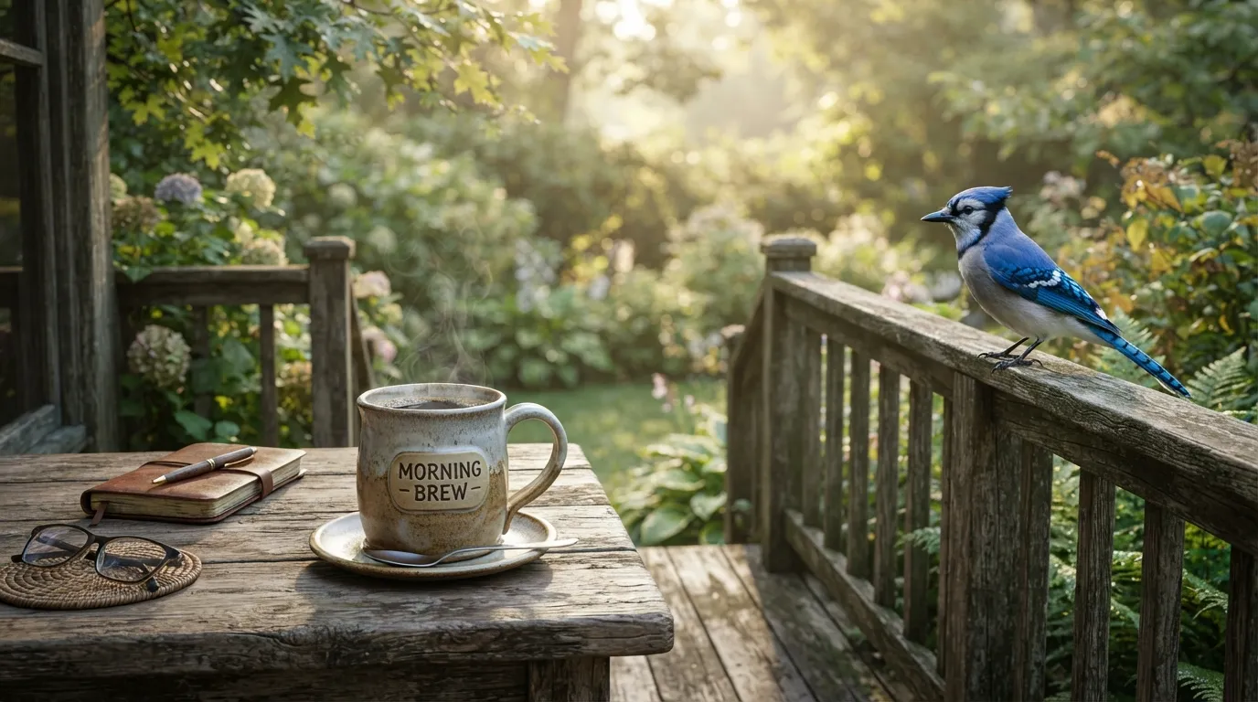 A colorful blue jay resting near a cozy morning cup of coffee on a wooden table