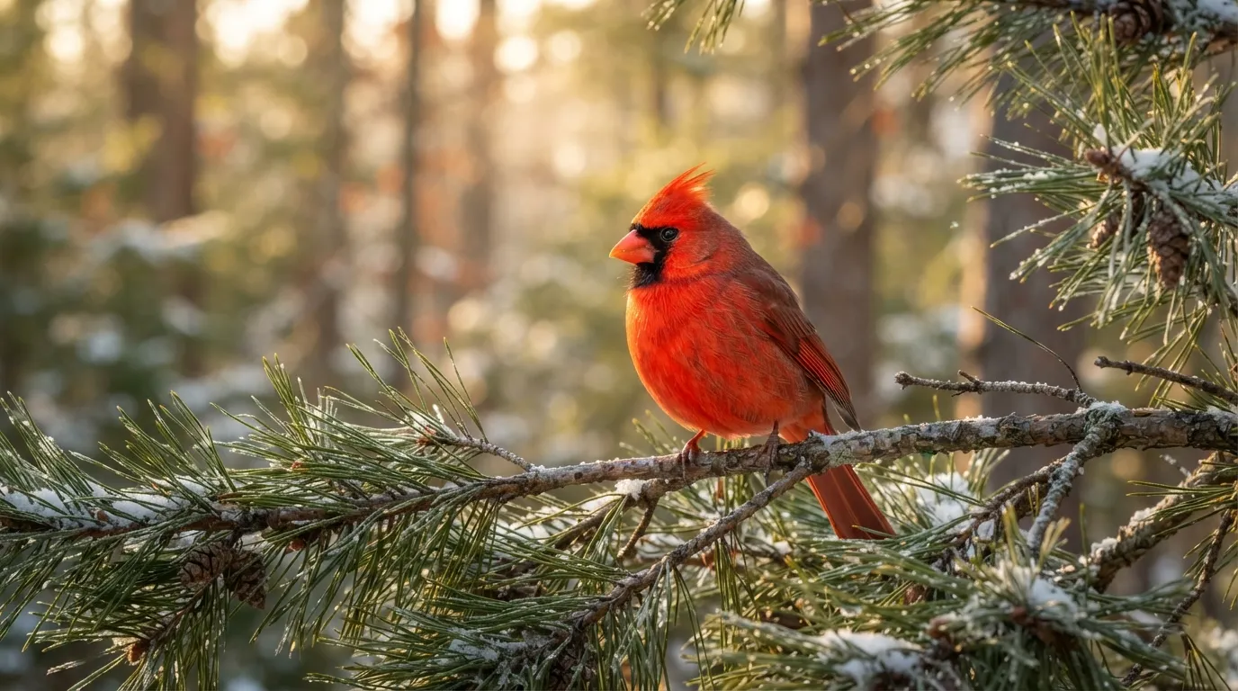 A bright red cardinal bird sitting on a pine branch covered in soft morning dew