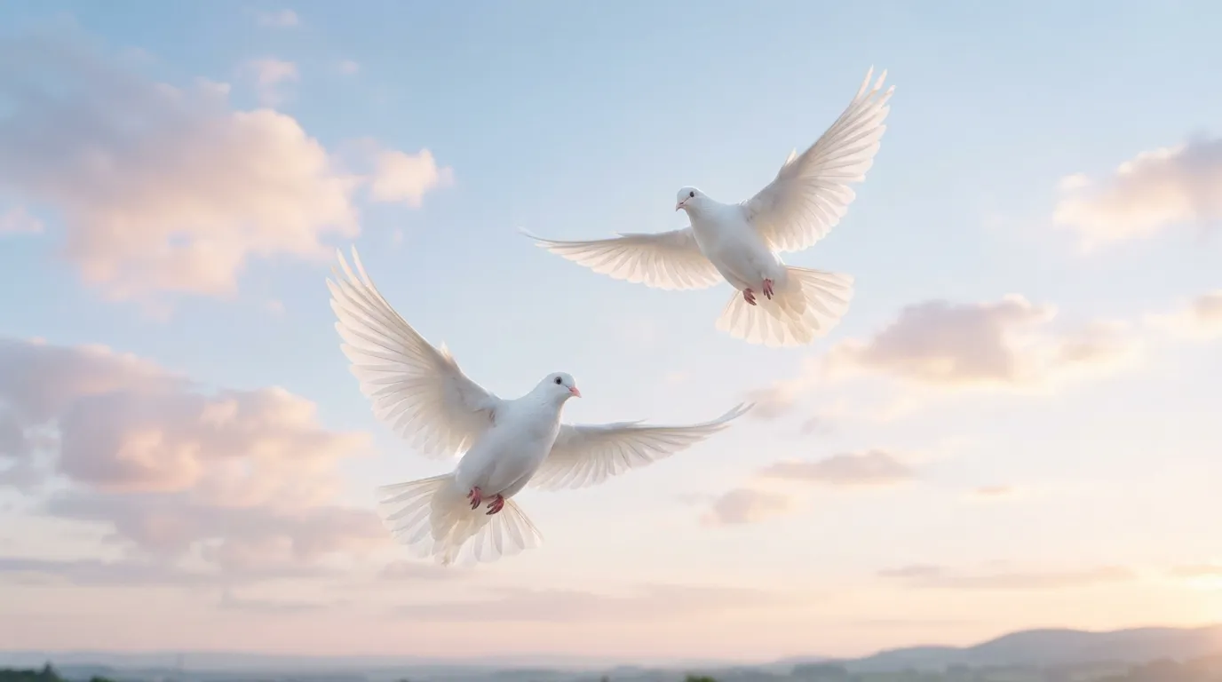 White doves flying in a clear blue morning sky with soft clouds