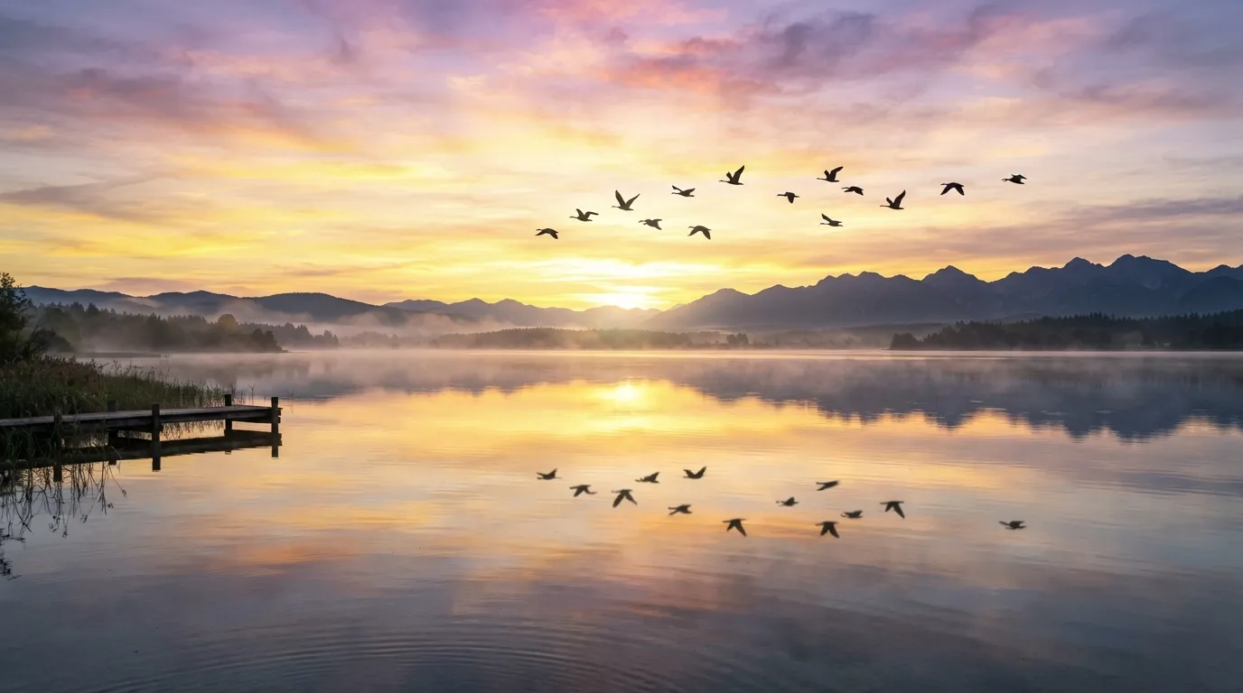 A flock of birds flying across a bright golden sky at dawn