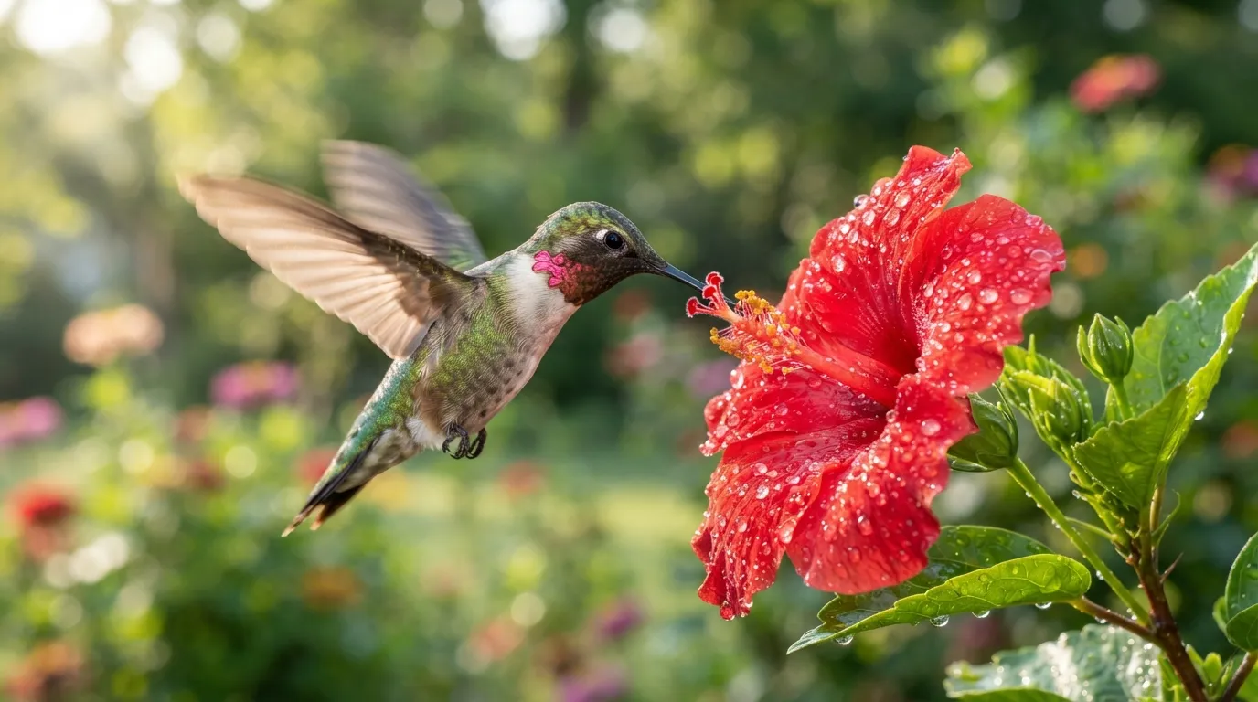 A tiny hummingbird hovering near a bright red flower in the morning sunlight