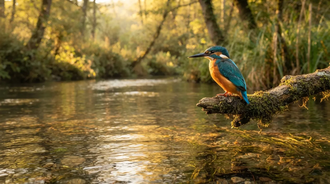 A bright blue kingfisher bird perched near a calm river at sunrise