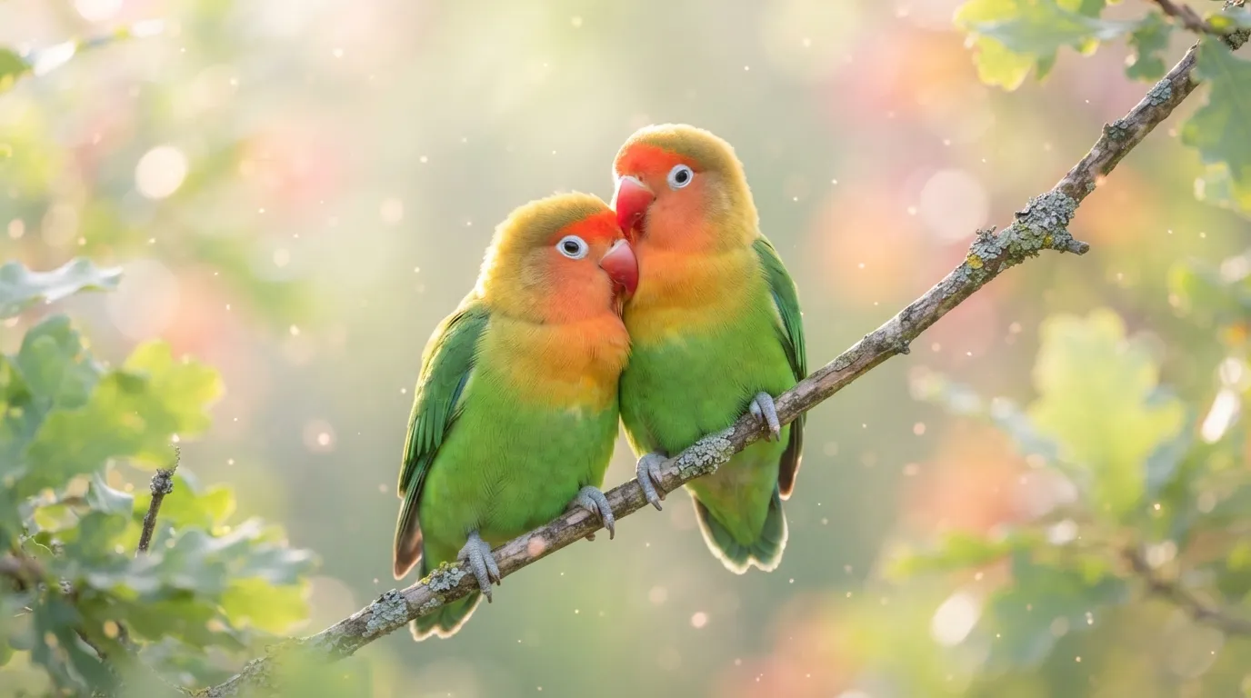 Two colorful lovebirds sitting together on a branch during early morning