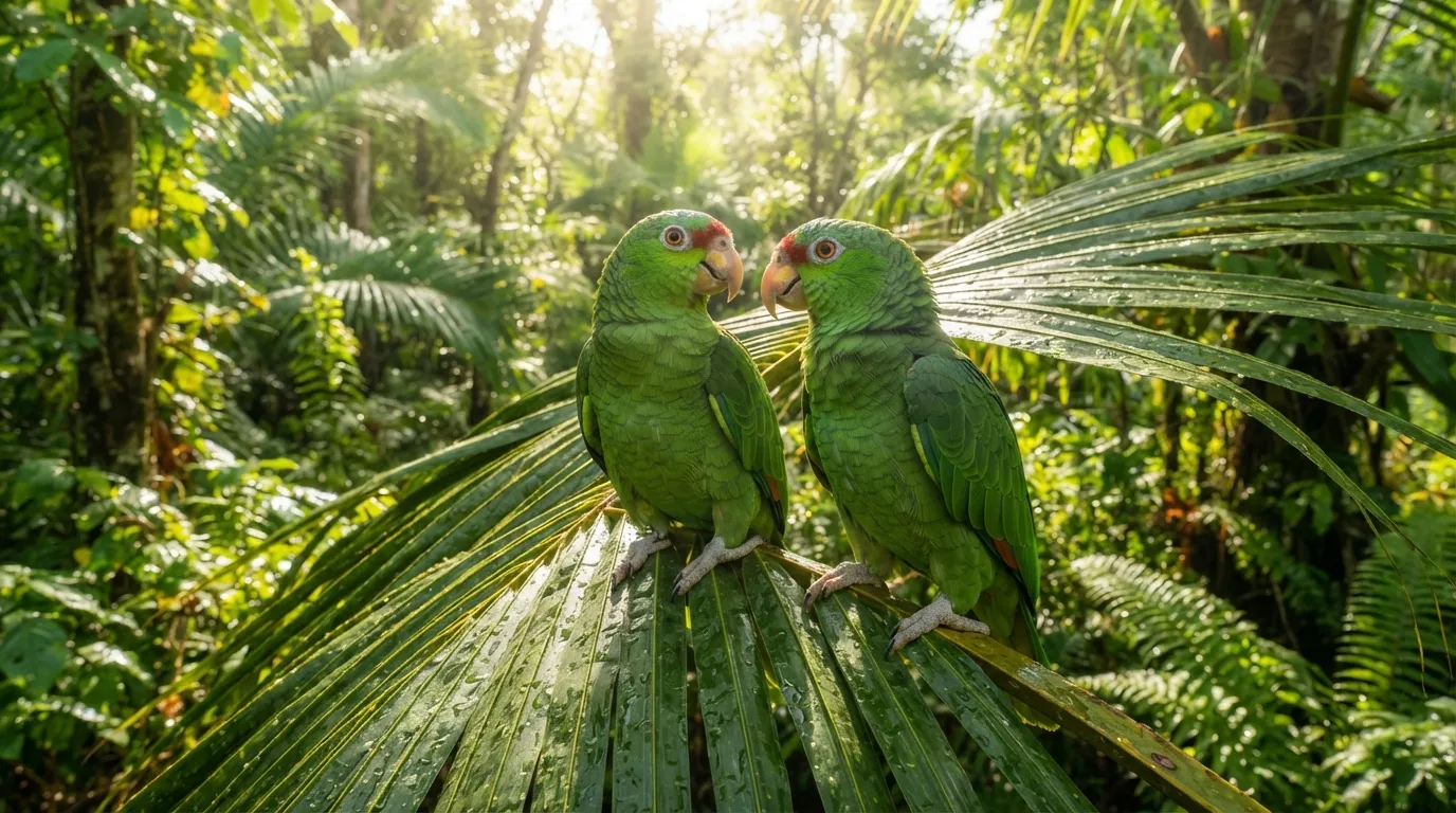 Bright green parrots resting on a palm tree during bright morning daylight