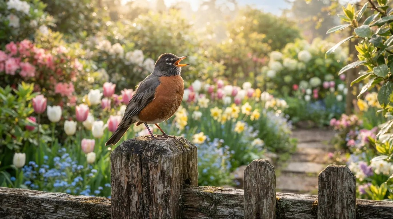 An American robin singing on a garden fence in bright morning light