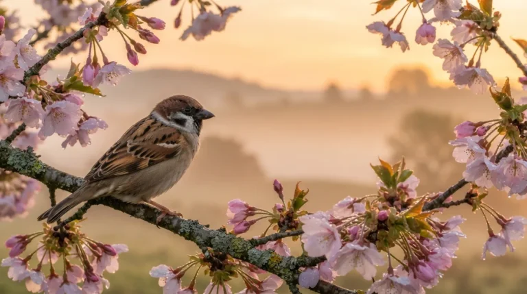 A small sparrow perched on a blooming flower branch during a glowing sunrise