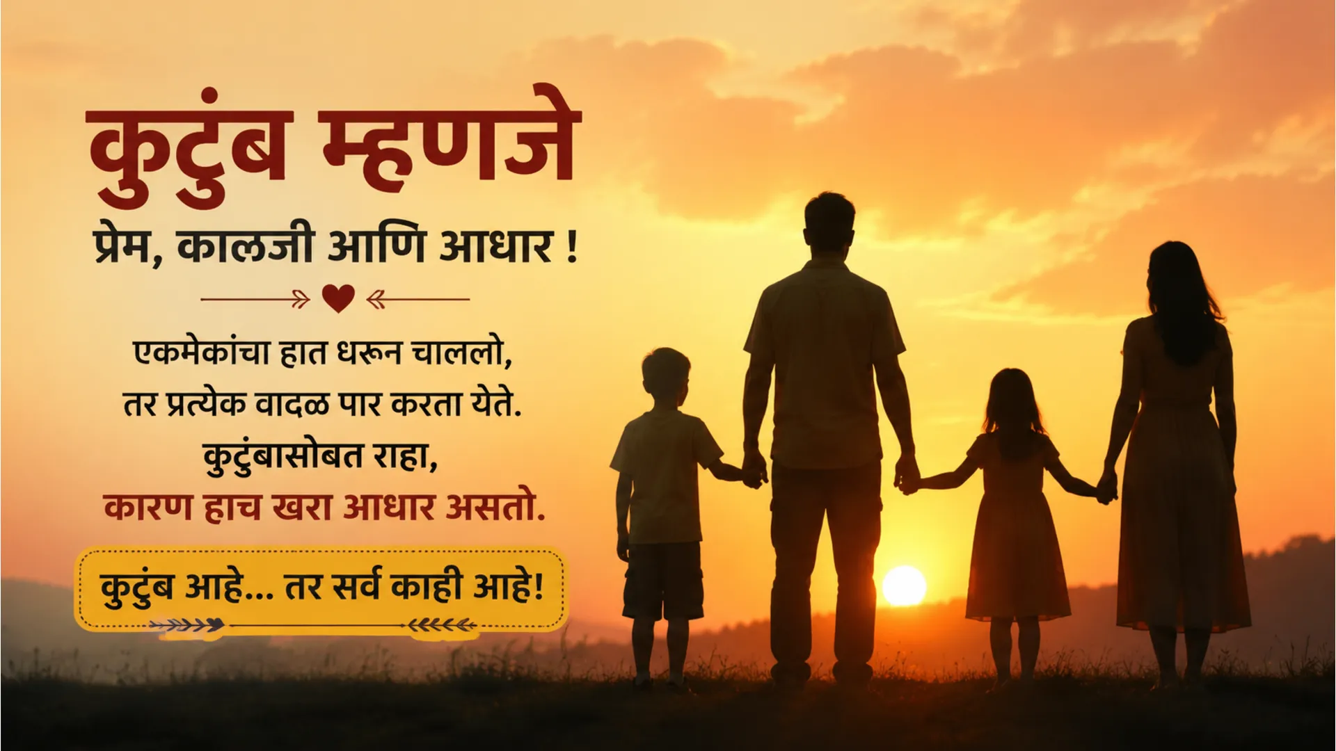Happy family silhouette against morning sky with Marathi quotes