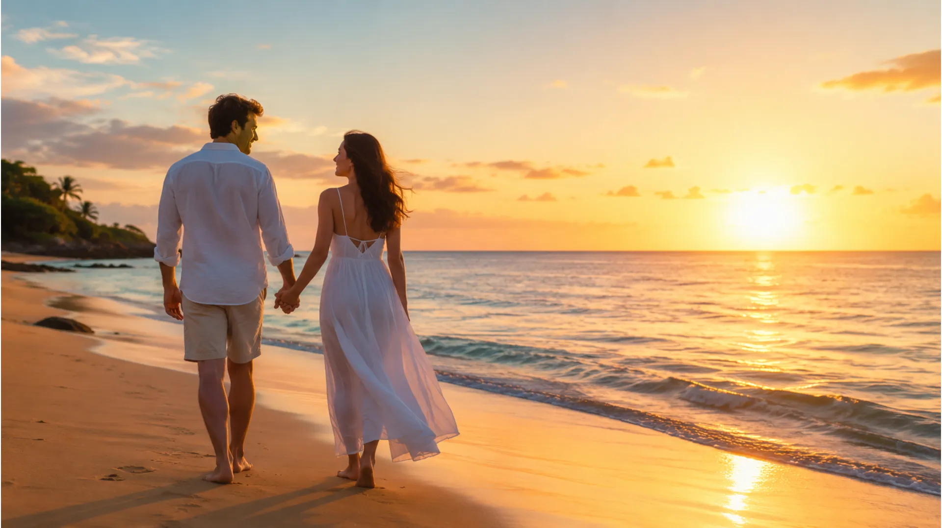 Silhouette of a romantic couple walking on the beach at sunrise with good morning wishes.