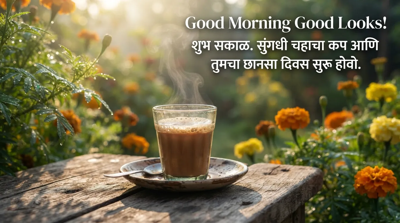 A beautiful good morning image in marathi featuring a hot cup of tea with fresh flowers.