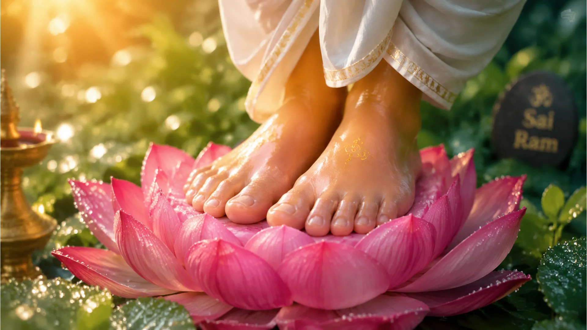 Close-up of Shirdi Sai Baba's feet on a beautiful pink blooming lotus flower in the morning.