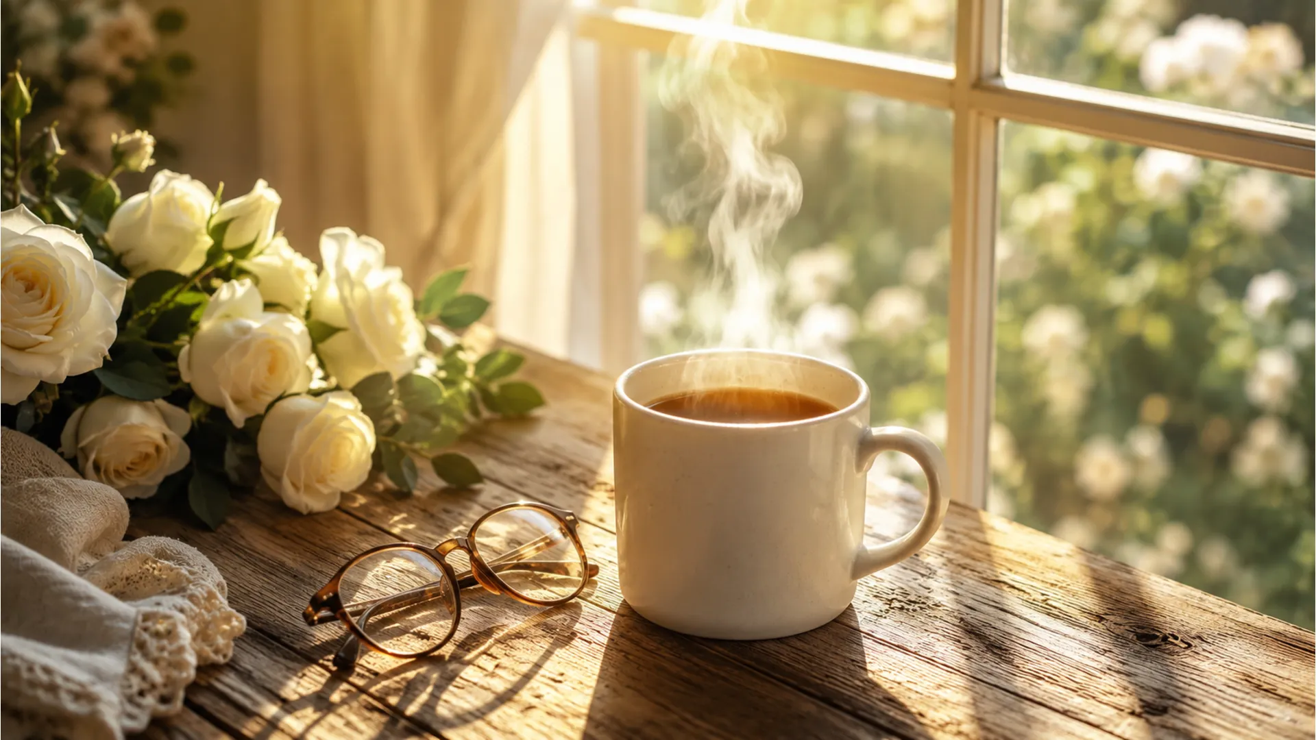 A beautiful sunlit window with a cup of coffee and good morning sunday good looks quote.