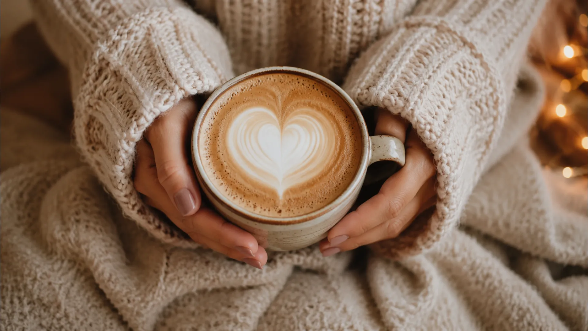 Hands holding a warm mug with a heart shape in a cozy sweater on Sunday.
