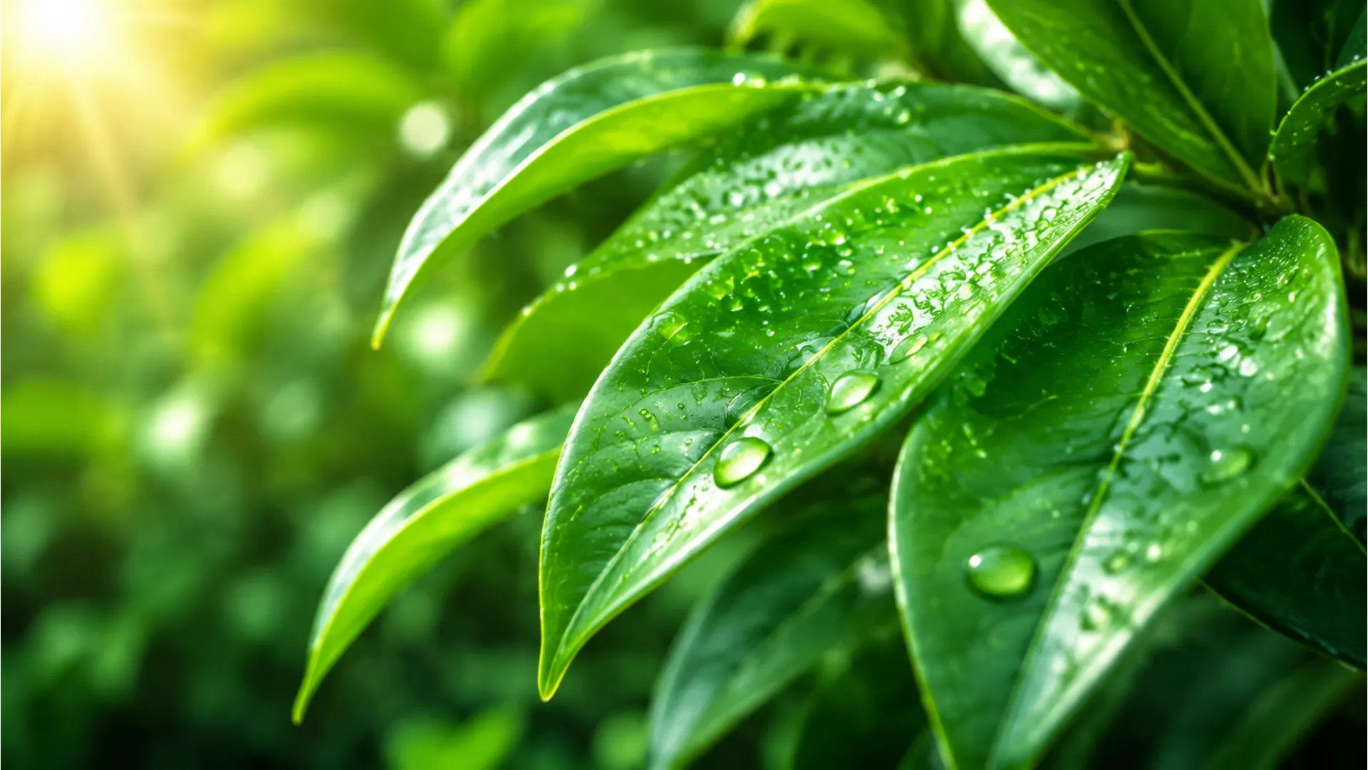 Dewy green leaves with morning light for good morning happy sunday background