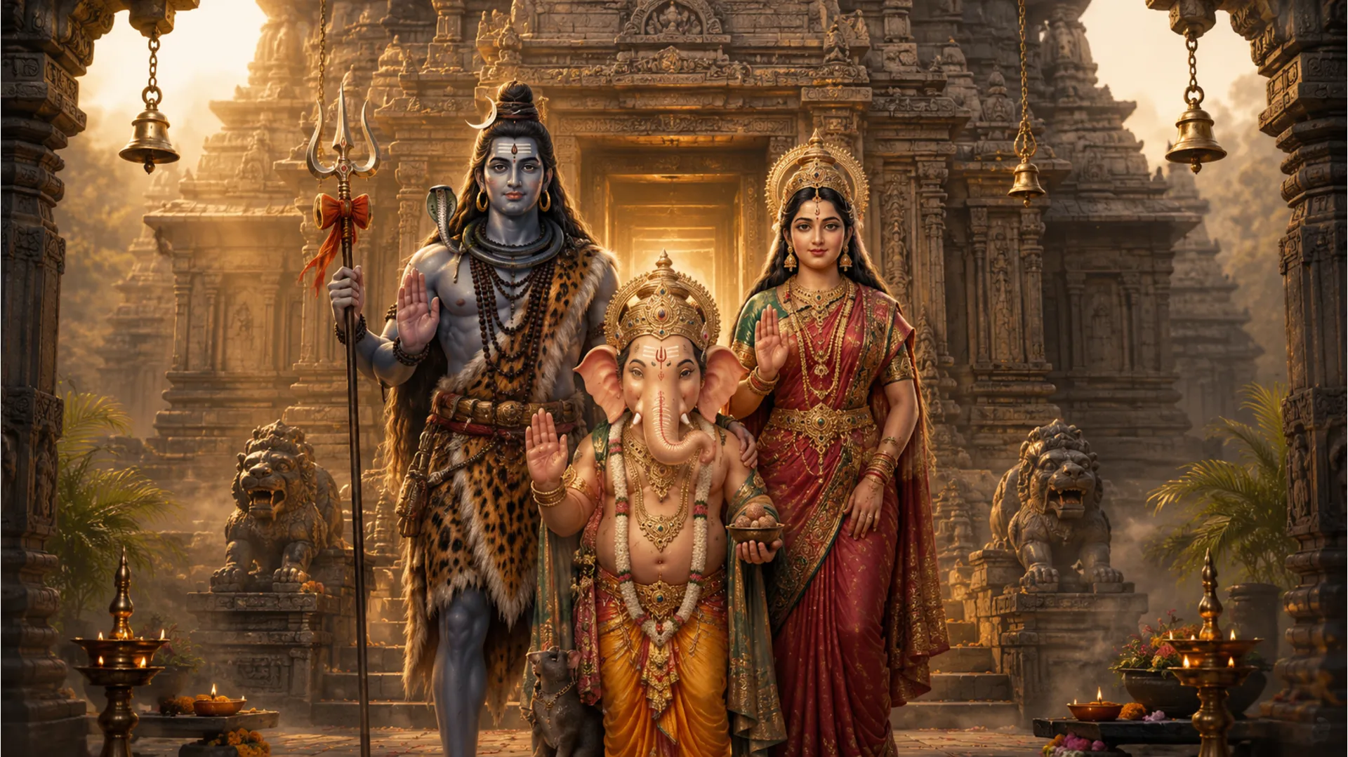 A powerful and protective representation of Lord Shiva, Goddess Parvati, and Lord Ganesh at the entrance of an ancient temple.
