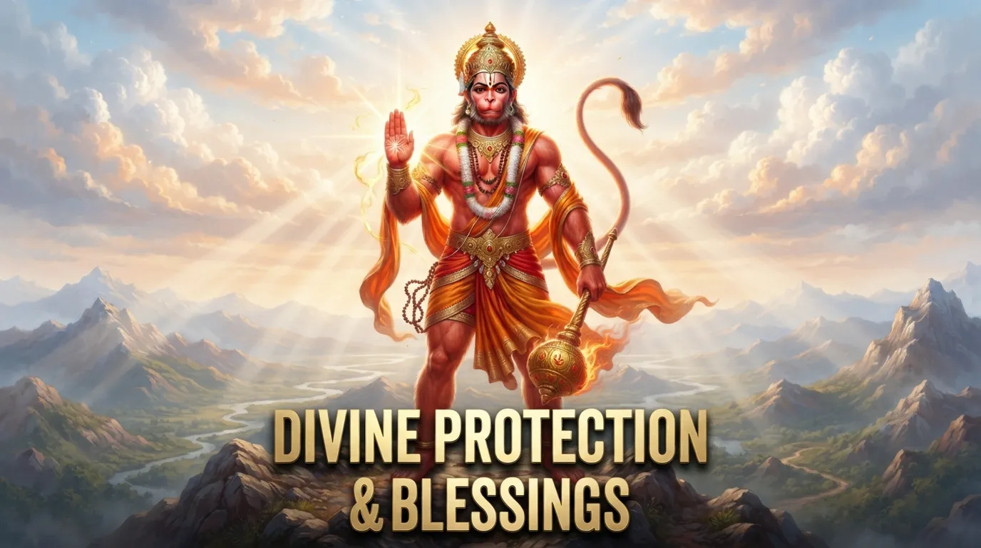 Lord Hanuman in a powerful blessing posture with a bright morning sky backdrop.