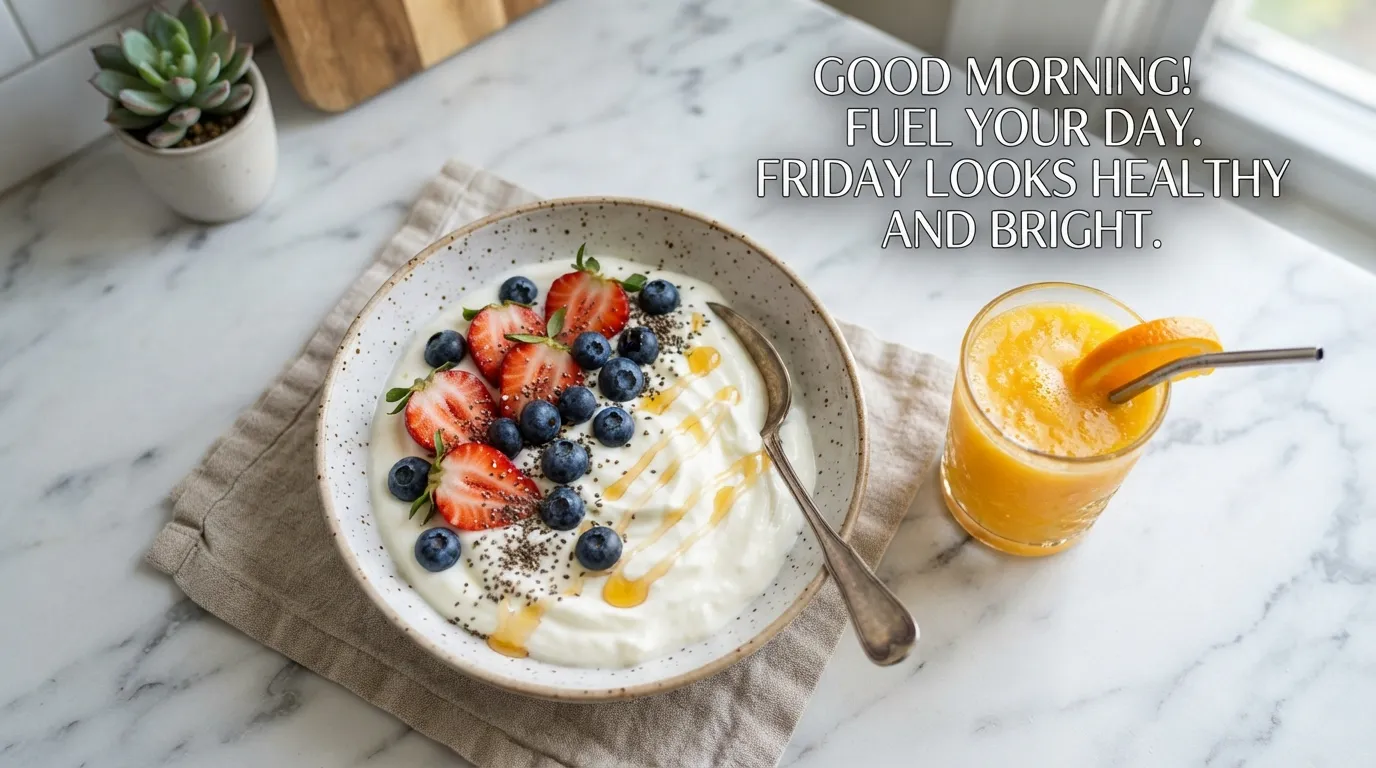 A healthy breakfast bowl with fruits and a refreshing Friday wish.