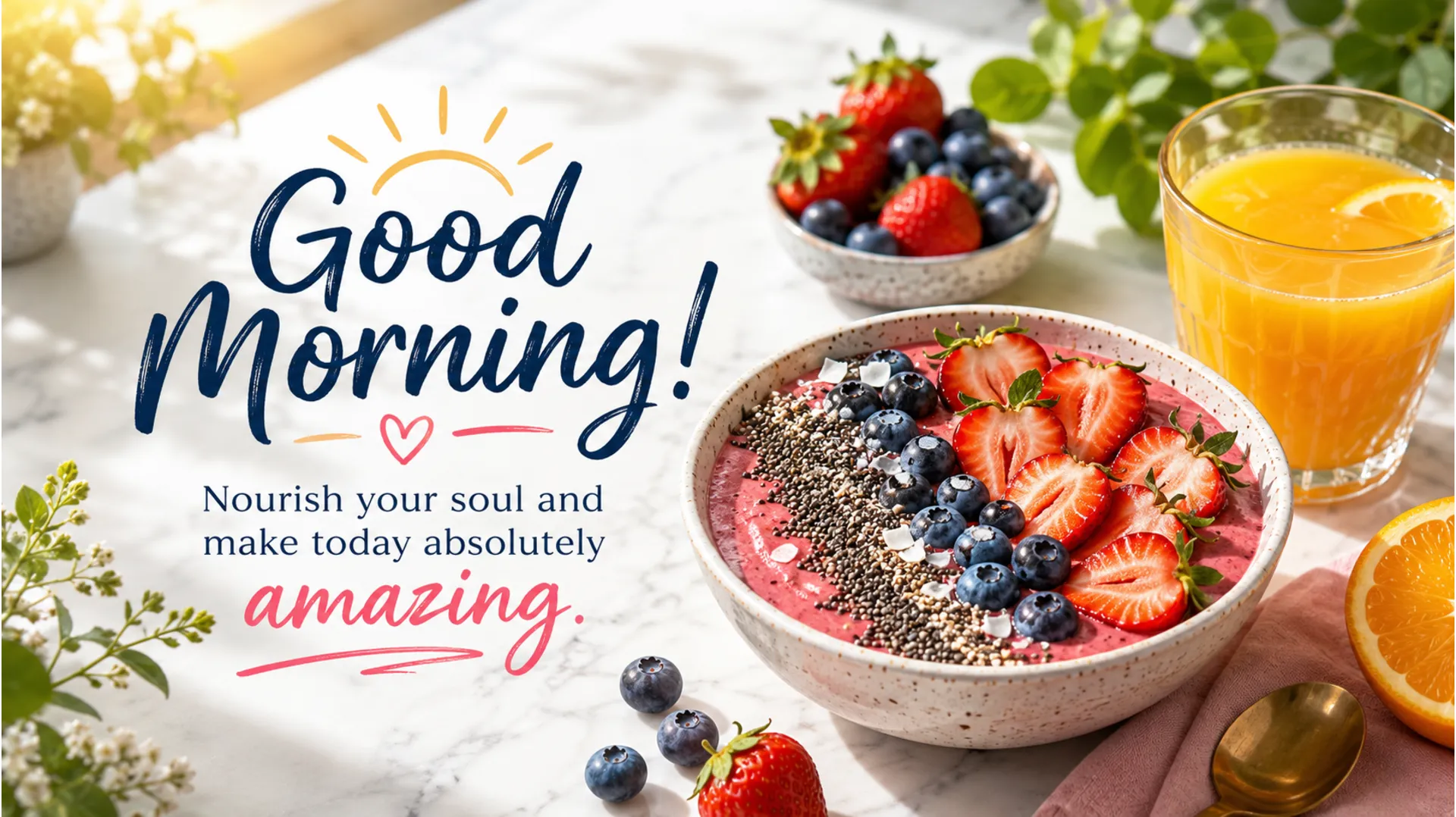 Healthy breakfast bowl with fresh berries and orange juice on a bright morning table