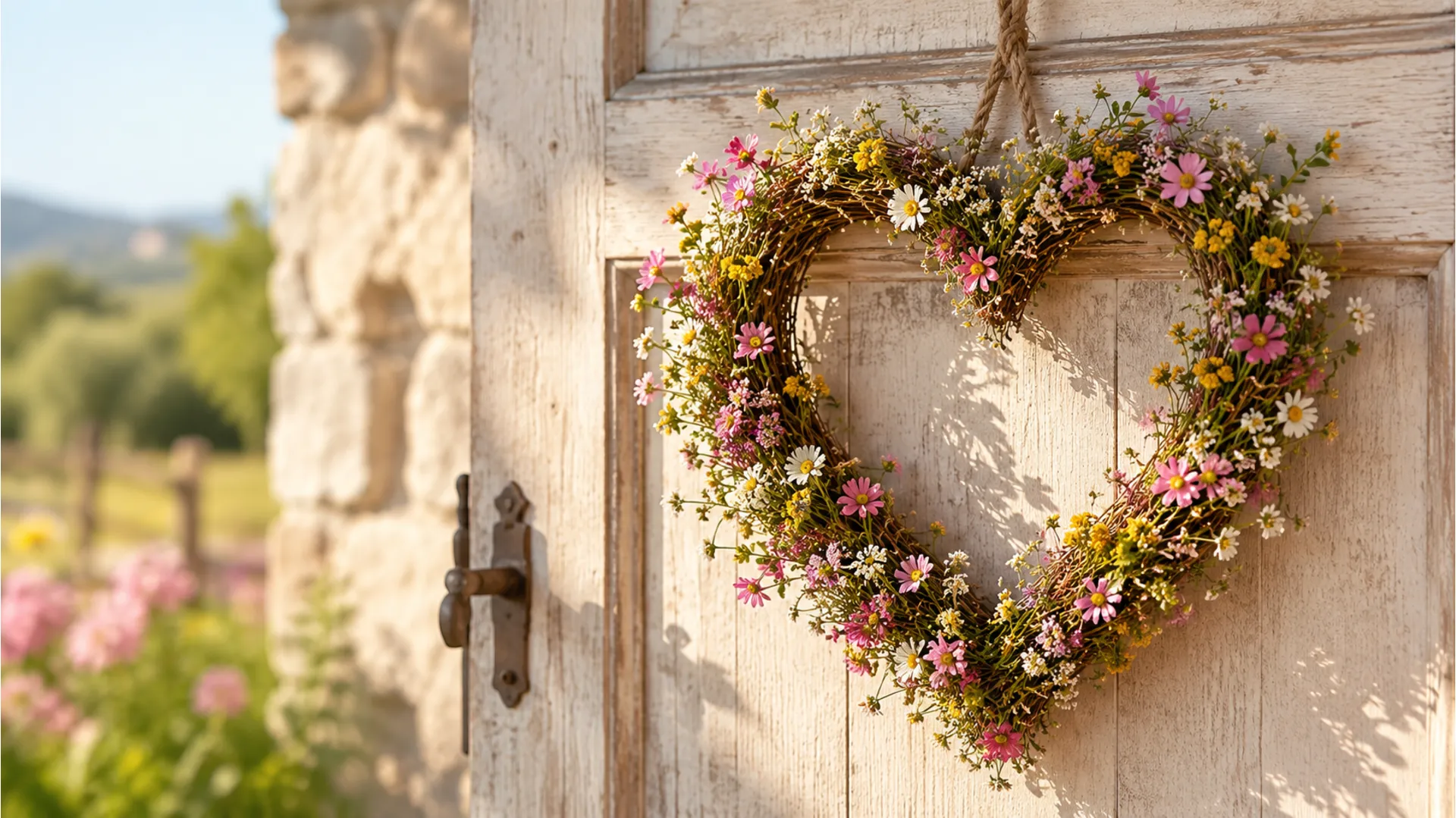 A delicate heart-shaped wreath made of small wildflowers hanging on a light wooden door in morning light.