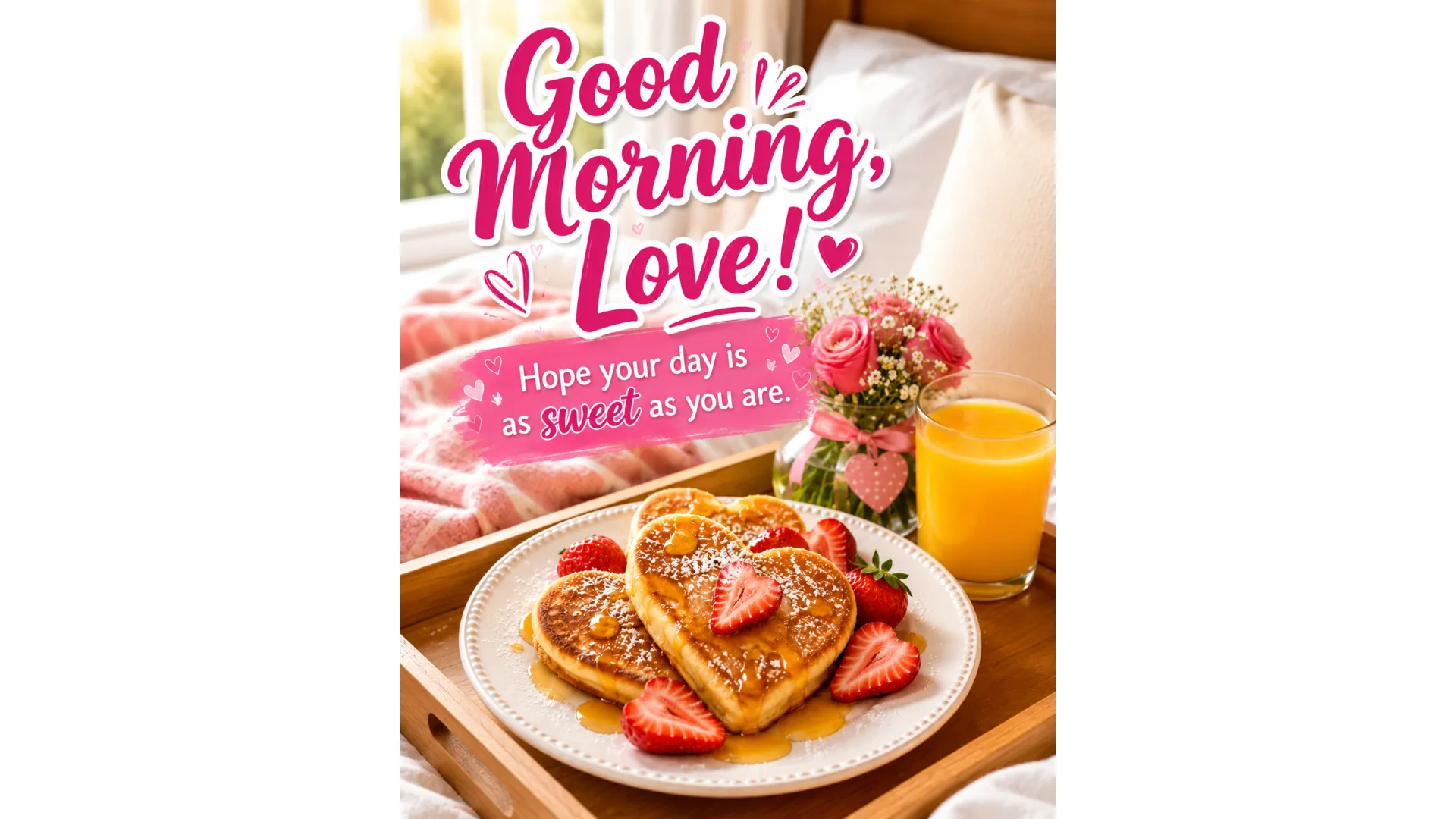 A breakfast-themed good morning love image with heart-shaped pancakes and strawberries.