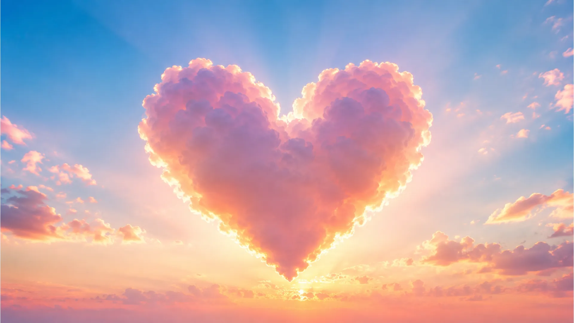 Beautiful heart-shaped pink cloud glowing softly in the morning blue sky.