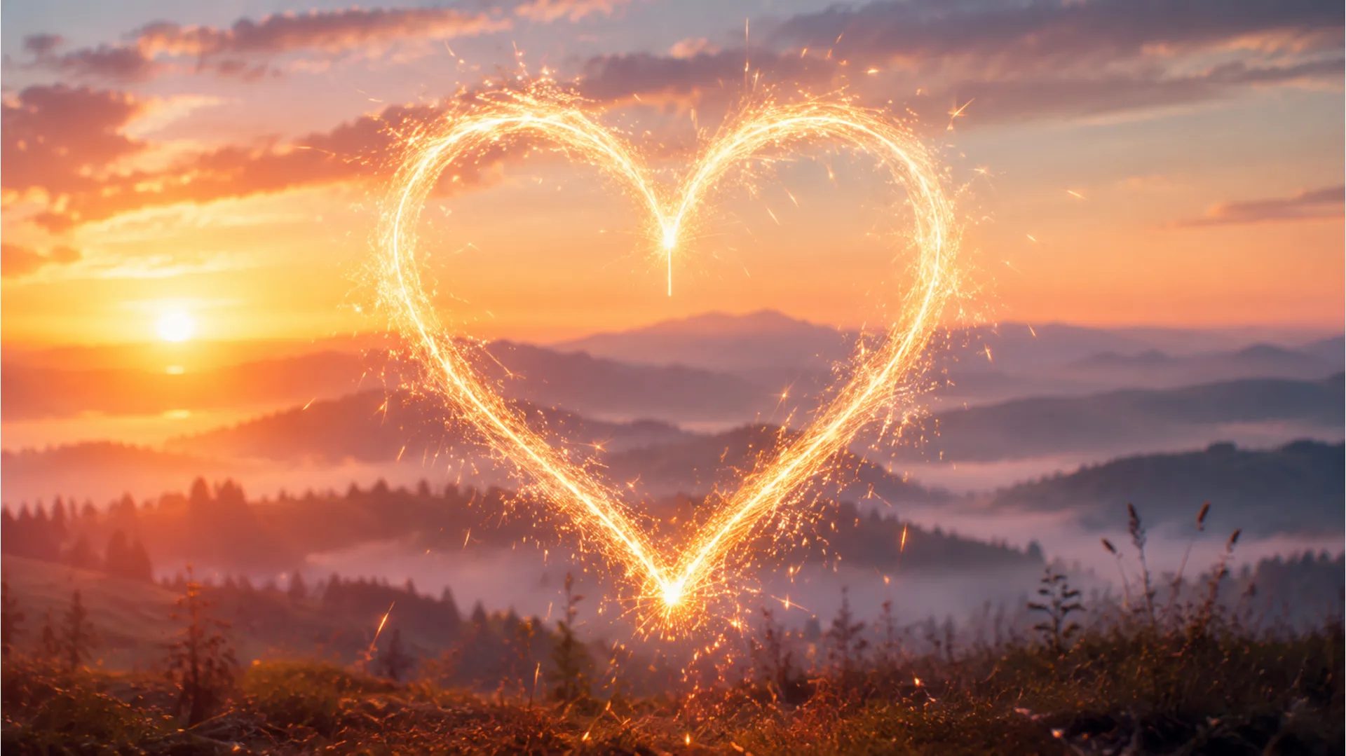 A glowing sparkler burning in a heart shape against a soft early morning background.