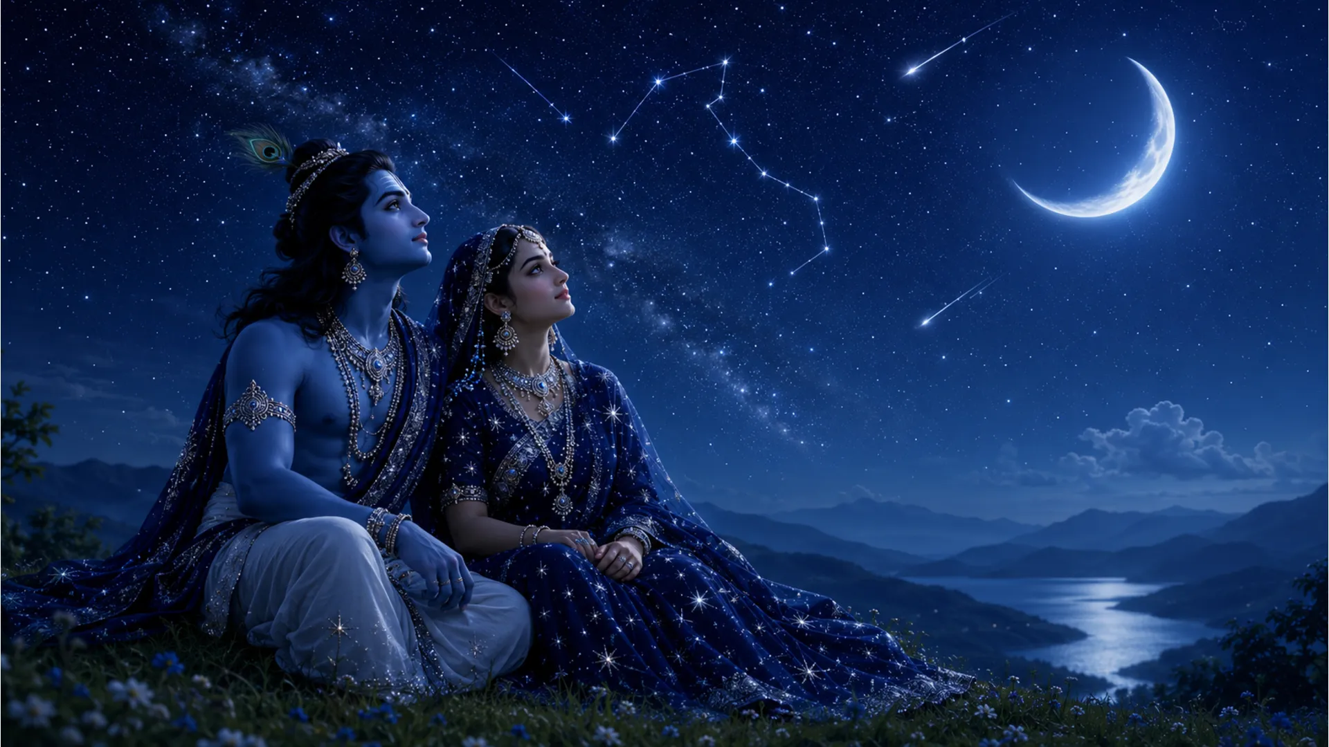 Digital painting of a divine couple sitting on a grassy hill looking at a glowing starry night sky