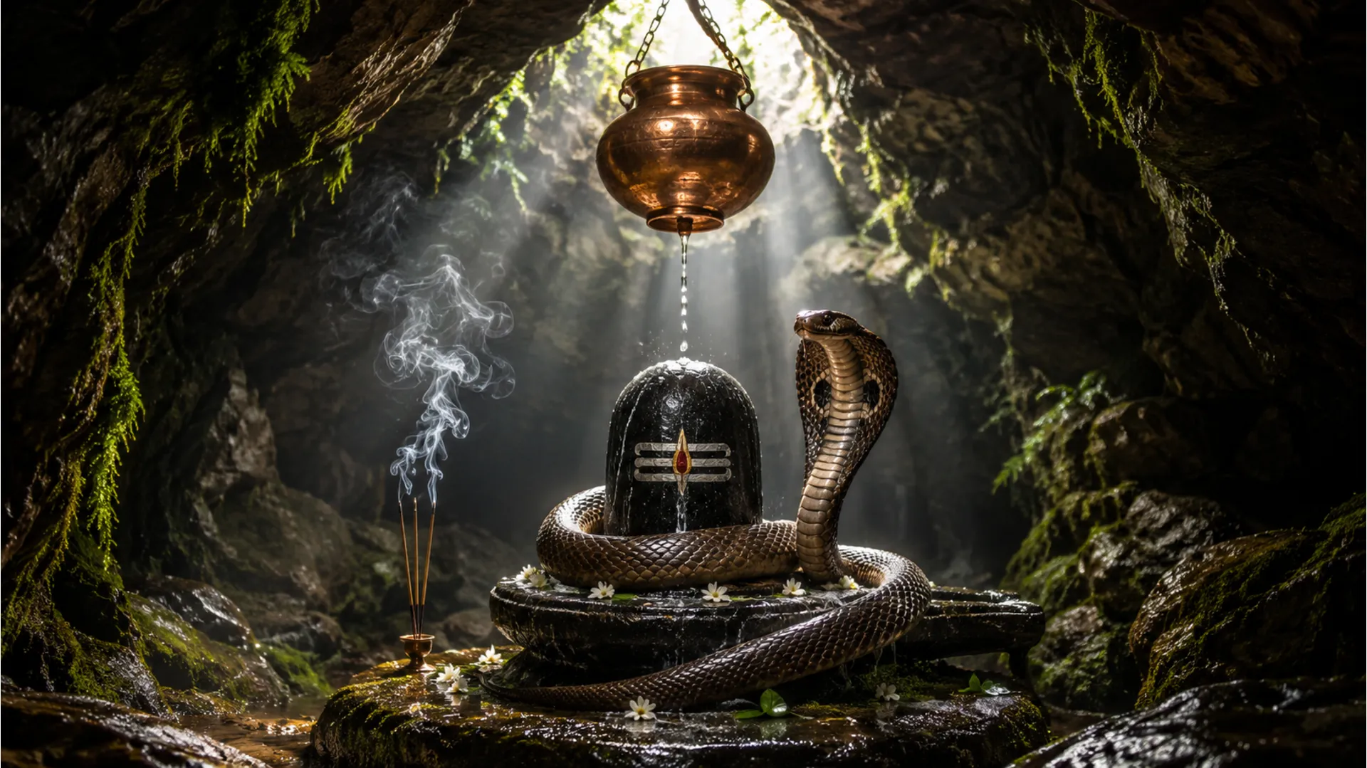 A natural ice or stone Shivling inside a misty Himalayan cave with a divine cobra wrapped around it.