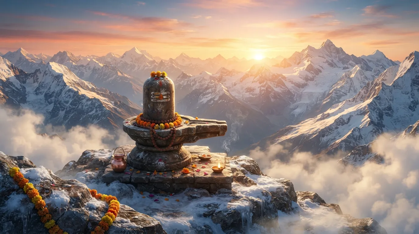 A digital painting of a stone Shivling situated on a snow-covered Himalayan mountain peak during sunrise.